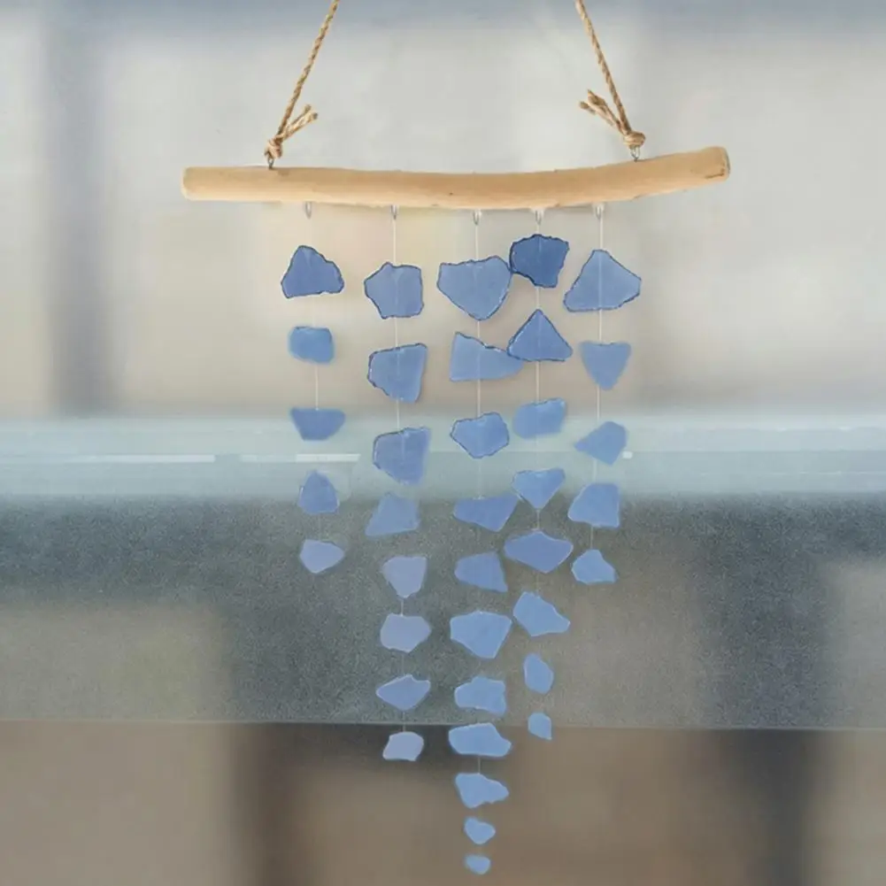 Window Hanging Decor Handmade Sea Glass Wind Chime Driftwood Coastal Decor Beach House Hanging Ornament for Window Outdoor