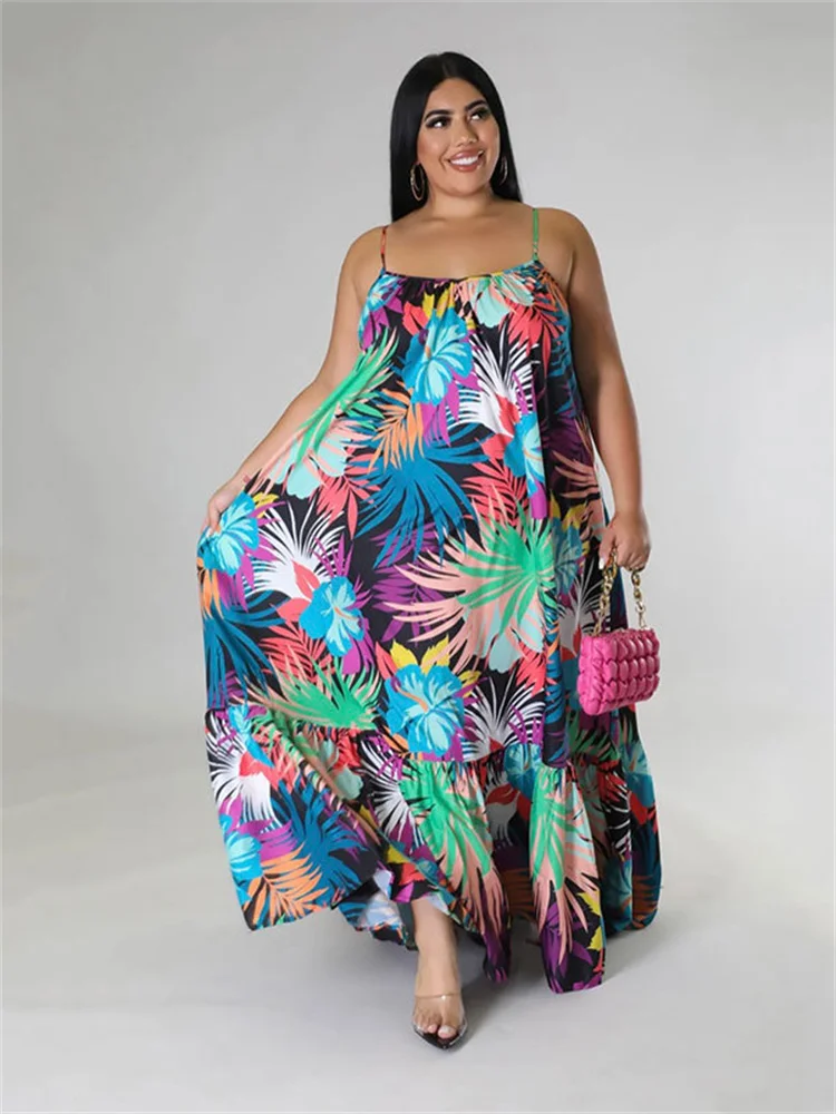 Wmstar Plus Size Dresses for Women Flowers Print Sexy Slip Big Hem Draped Maxi Dress Sweet Style Wholesale Dropshipping Xl- 5xl