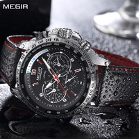 MEGIR 1010 Men Sports Watch Fashion Business Genuine Leather Strap Waterproof Luminous Hands Tachymeter Quartz Watches