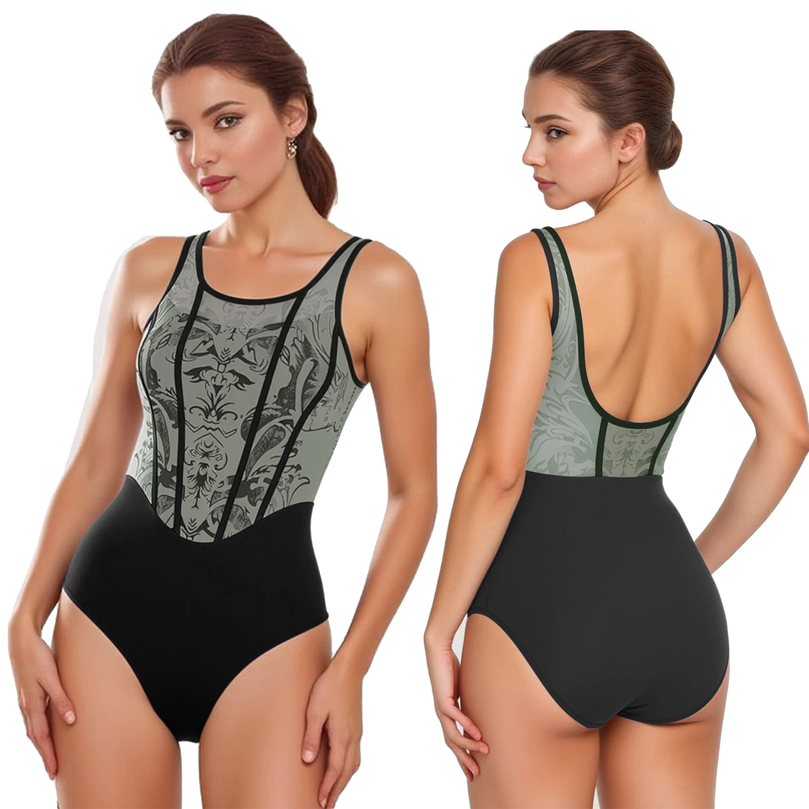 

Women Leotards Dance Ballet Gymnastics Bodysuit Sleeveless Backless One-piece Floral Sheer Mesh Jumpsuit for Yoga Dance Training