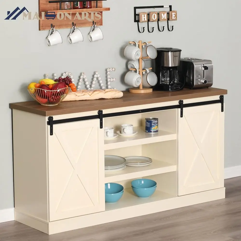 خزانة بوفيه من خشب البلوط والعاجي 55 مع باب منزلق، وحدة تخزين لتناول الطعام في المطبخ