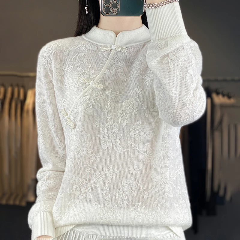 New Chinese stand-up collar wool women's sweater, jacquard top, loose full silk wool knit, top shirt