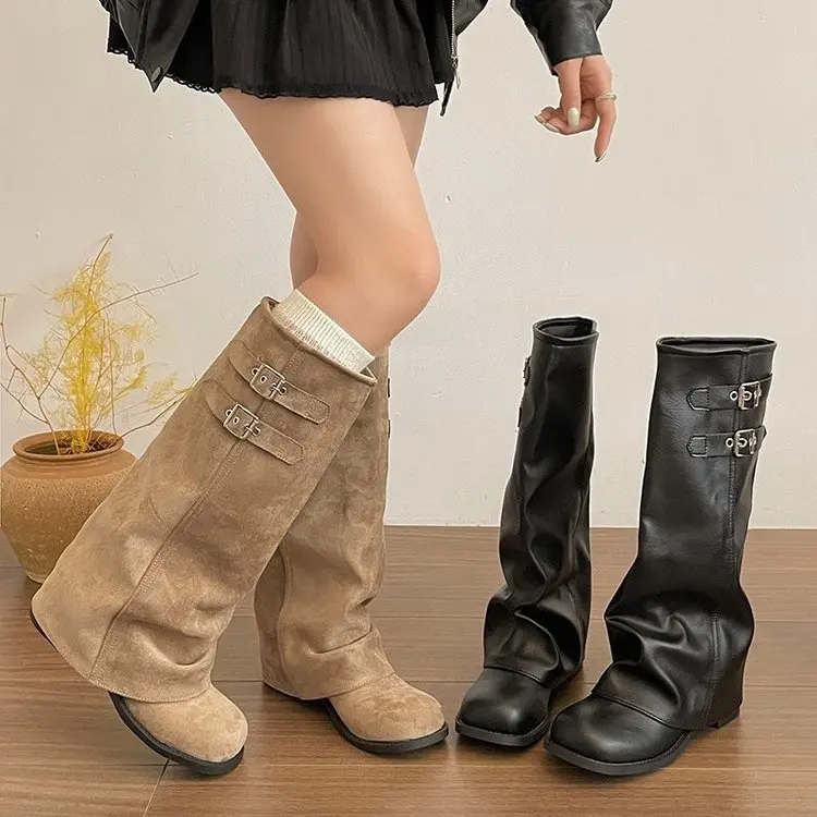 Pointed Toe Fold Over Women Knee High Boots Suede Buckle Strap Trouser Legs Long Booties Autumn Winter Women's Block Heel Shoes