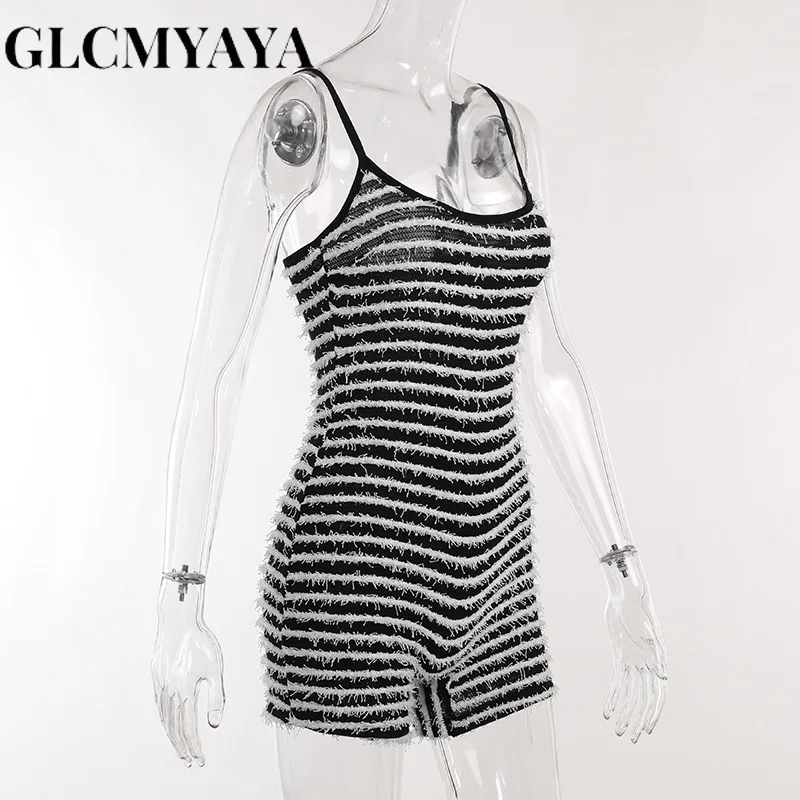 GLCMYAYA Women Streetwear Black White Striped Backless Slim Romper 2023 INS Summer Fashion Sleeveless Sexy High Waist Playsuits