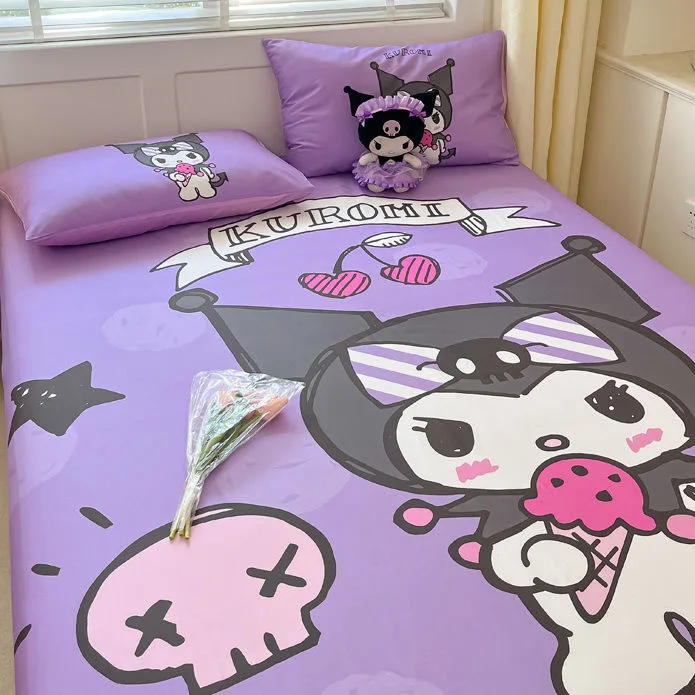 Sanrio Kuromi Bed Mattress Cover Cartoon Hello Kitty Cinnamoroll Cotton Bed Linen Fitted Sheet Bedspread For Kids Adult Queen