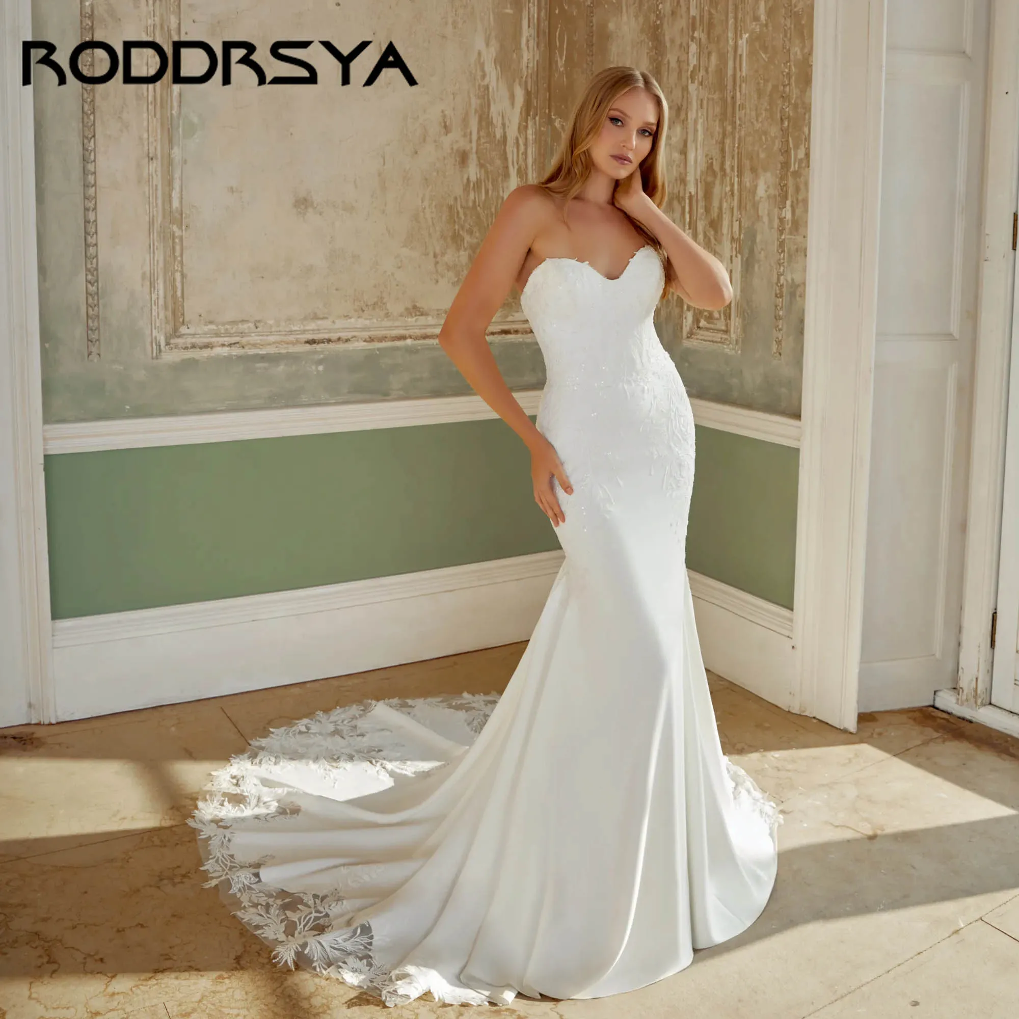 

RODDRSY Luxury Mermaid Appliques Bridal Gowns Strapless Backless Wedding Dresses Soft Satin Modern vestidos de novia Customized