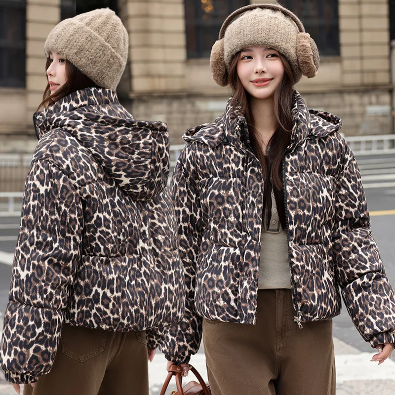 Leopard Print Warm Cotton Jacket Women 2025 Winter Fashion Loose Removable Hood Outerwear Long Sleeve Stand Collar Thick Coat