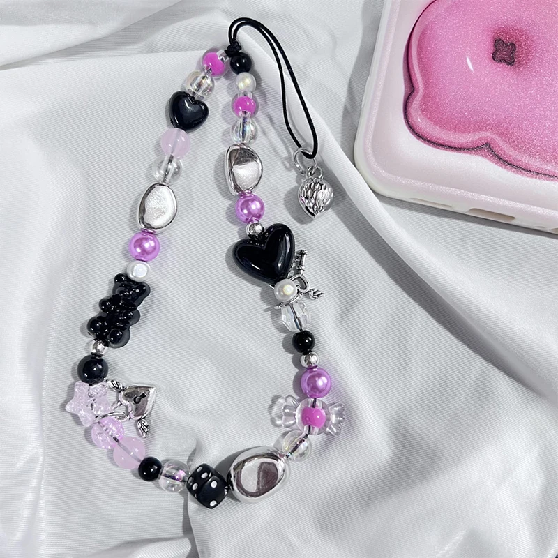 

Y2K брелок для телефона с подвеской в виде сердца, цветка, бусин, шнурок для защиты от потери, подвеска для Airpods Coase CCD