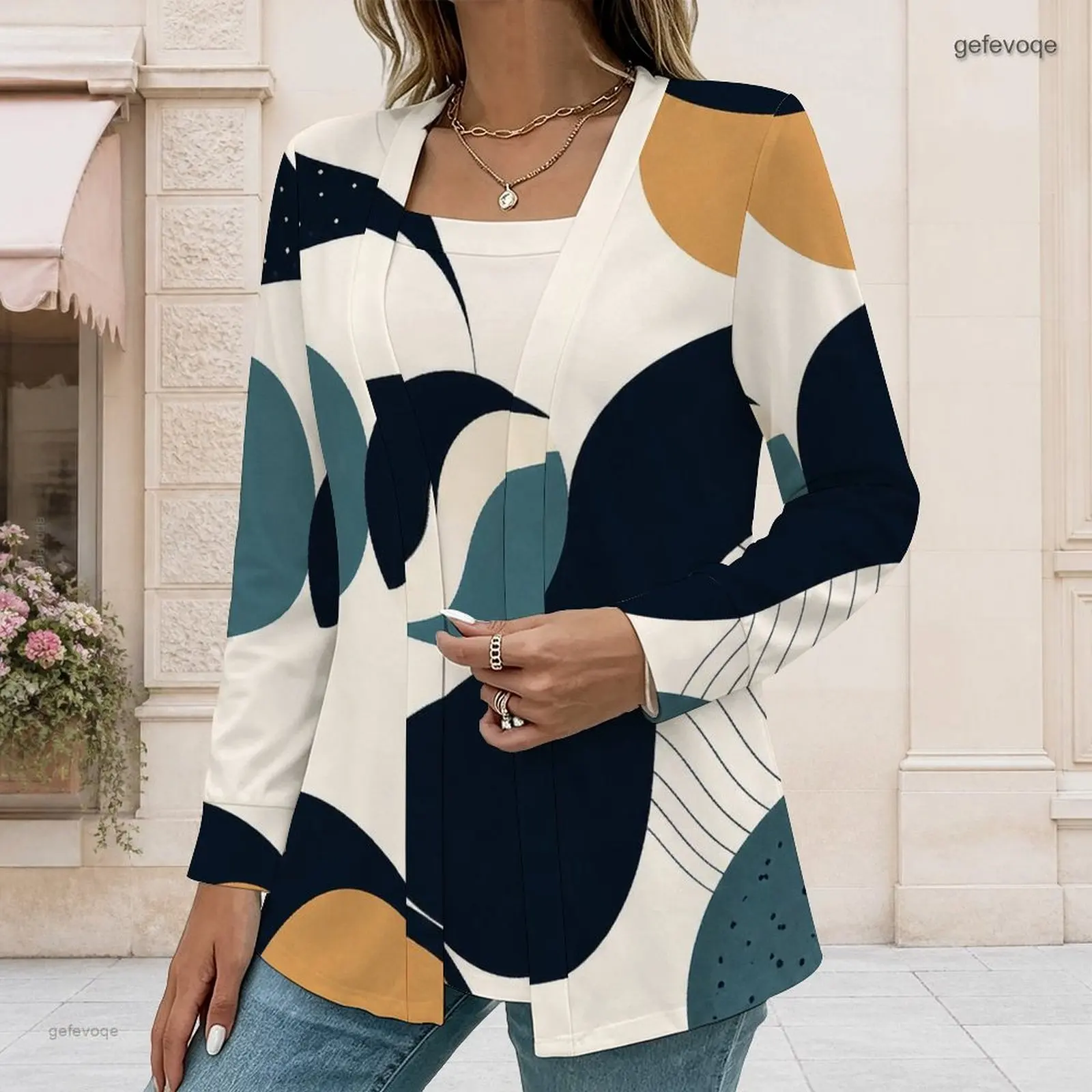 Women Printed Top Set Square Neck Inner Top Long Sleeve Open Front Outer Top Two Piece