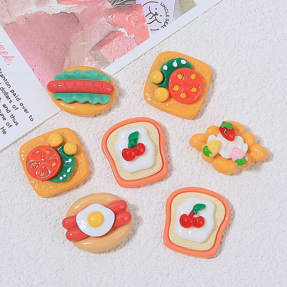 20Pcs Mini Simulation hot dog strawberry pie Resin Cabochon Flatbacks DIY Toast Kitchen Play Toys Miniature Dollhouse Accessorie