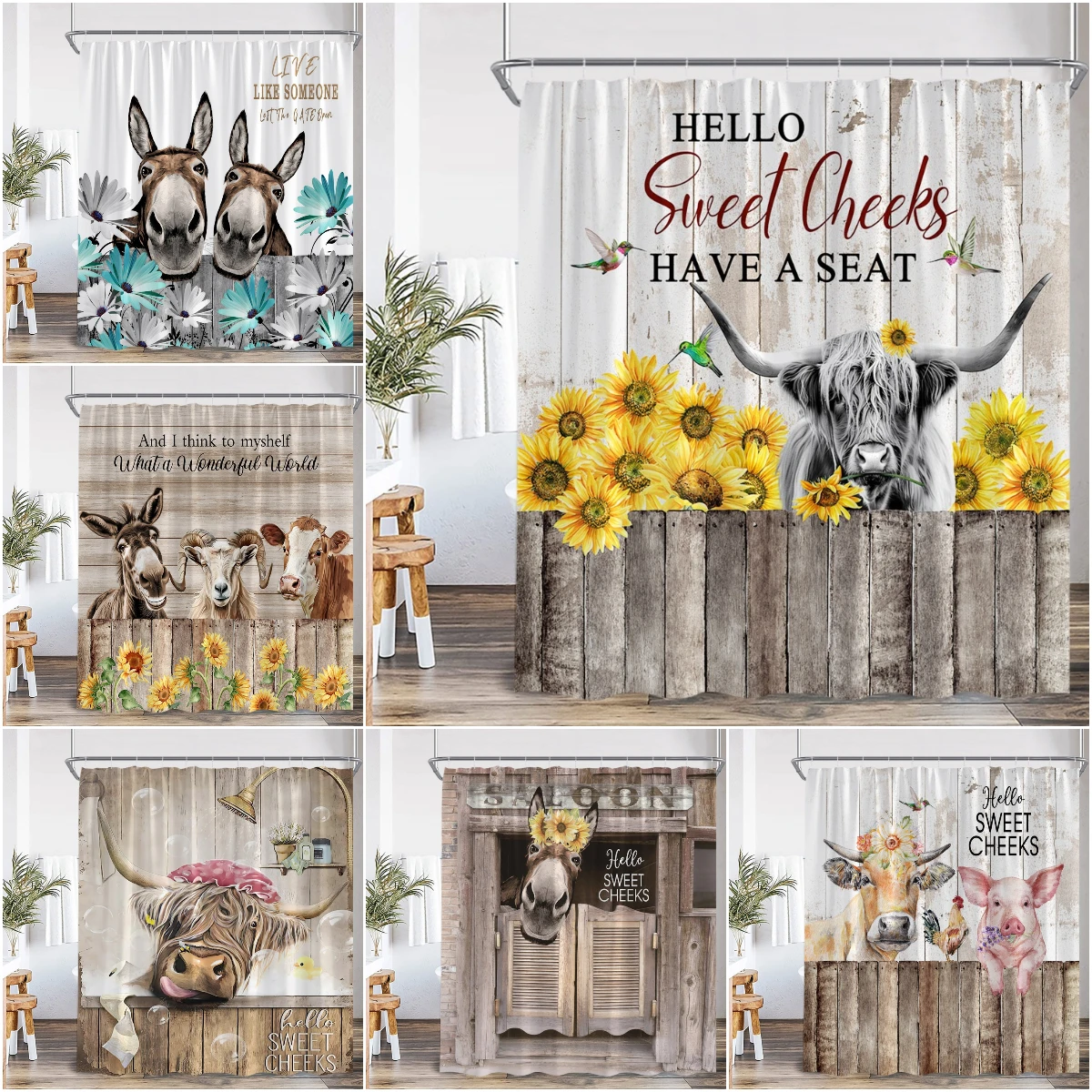 Farm Animal Print Shower Curtainh Funny Highland Cow Donkey Pig Horse Floral Vintage Wooden Plank Fence Retro Bathroom Curtain