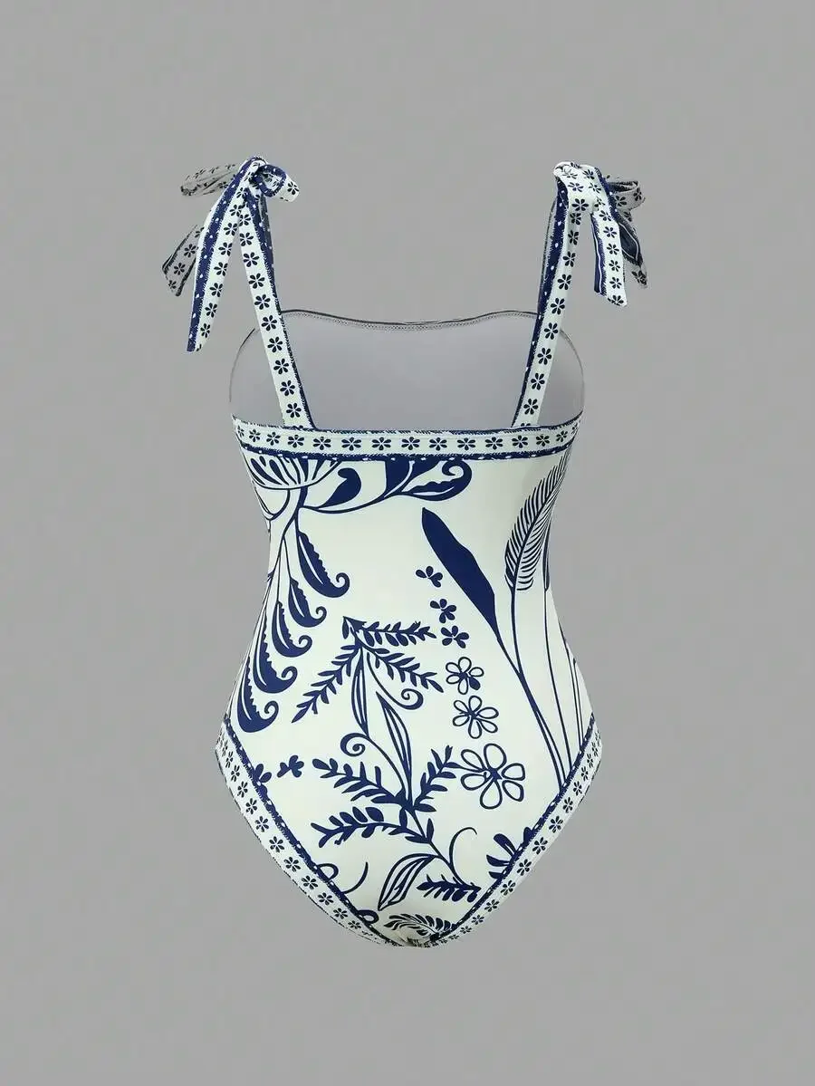 

Womens Blue White Floral Print Tie-Up One-Piece Swimsuit Boho Beach Resort Swimwear