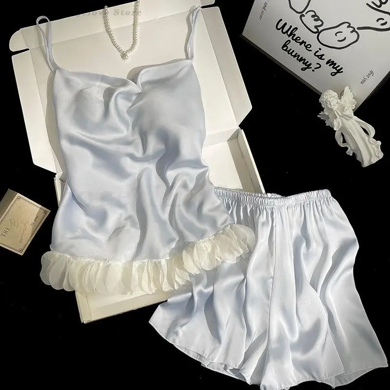 

Blue Cami&Shorts Pajamas Set for Lady Sexy Sweet Petals Pyjamas Suit 2PCS Loungewear Summer Ice Silk Home Clothing Lingerie