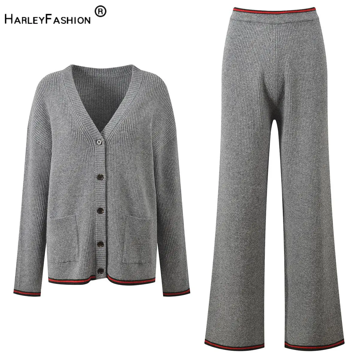 2026 Autumn Winter Lady Fashion Colorblock Suit V-neck Long Sleeve Cardigan Slips Vest Wide Legs Pants Women Knits 3pcs