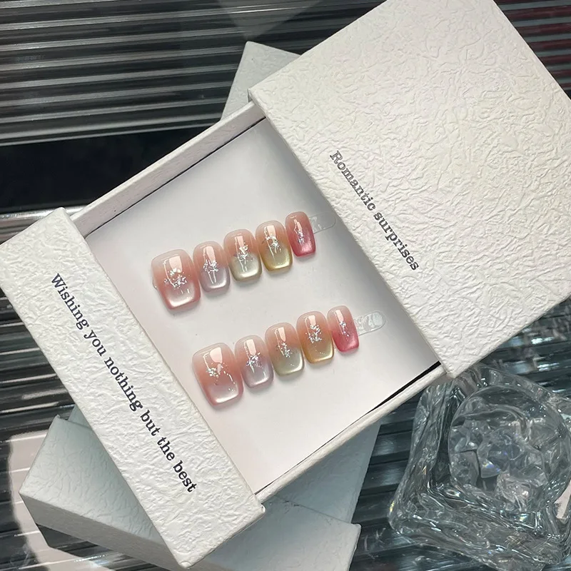 

10Pcs Rainbow Dopamine Cat's Eye Press on Nails Glitter Detachable Handmade False Nails Short Square Full Cover Fake Nails Tips