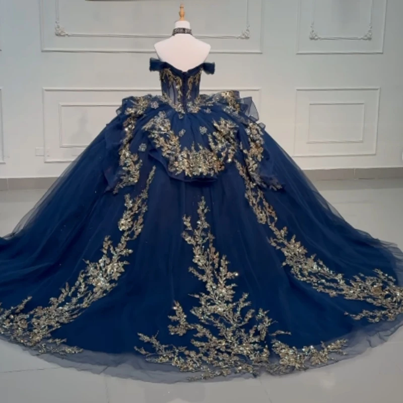 

Navy Blue Ball Gown Quinceanera Dresses Gold Applique Lace Beading Crystal Tull Corset Off The Shoulder Sweet 16 Dress vestidos