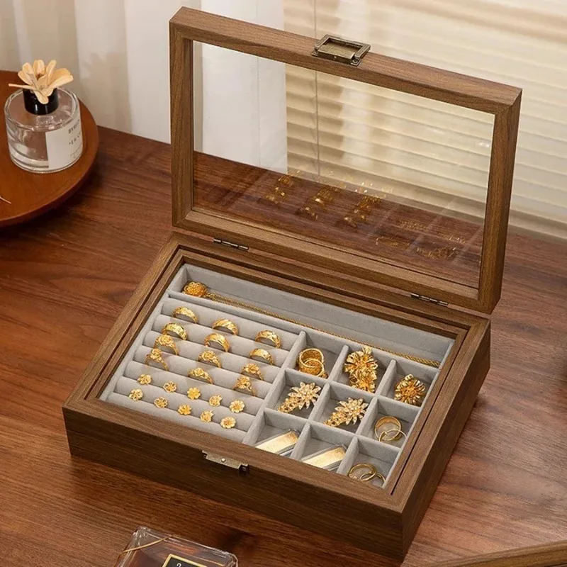 

color double-decker jewelry box necklace earrings box cover carry oxidedelicate solid wood jewelry box