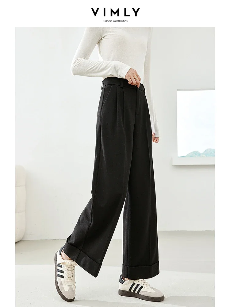 Vimly Black Baggy Pant Thick Warm Casual Trousers 2023 Winter New Office Lady Elegant Wide Leg Suit Pants Women\'s Clothing 16356