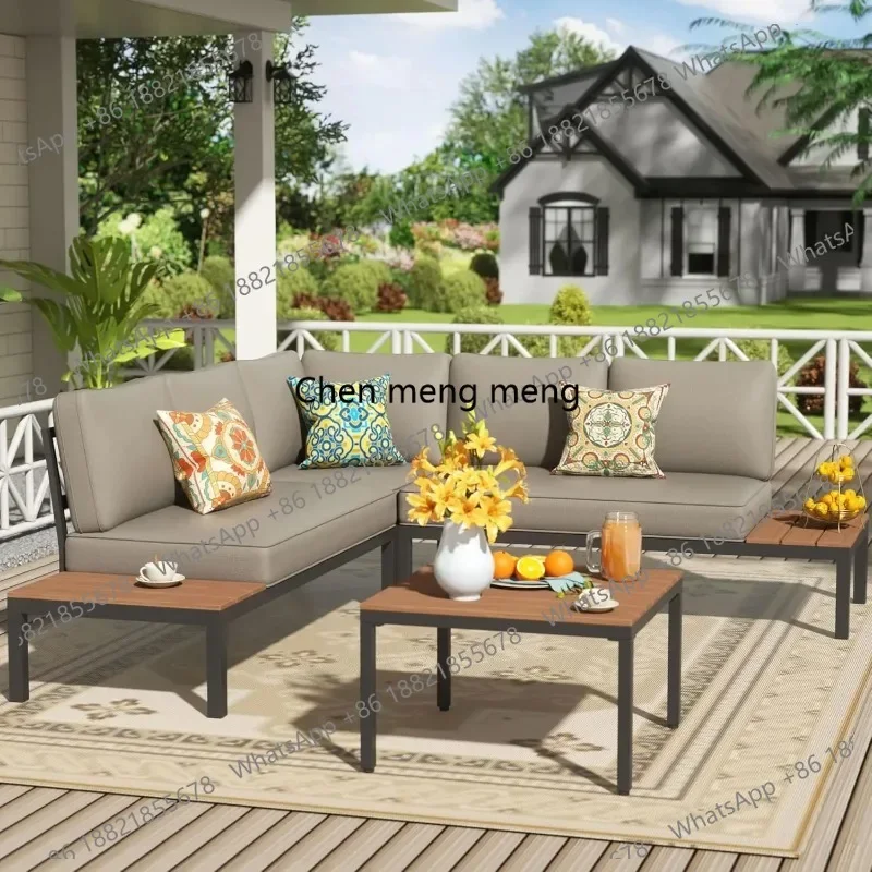 RR Patio Furniture Sets, Metal Outdoor Sectional L Shape Corner Sofa Outdoor Couch with Detachable Backrest,3 Fauxwood, Customiz