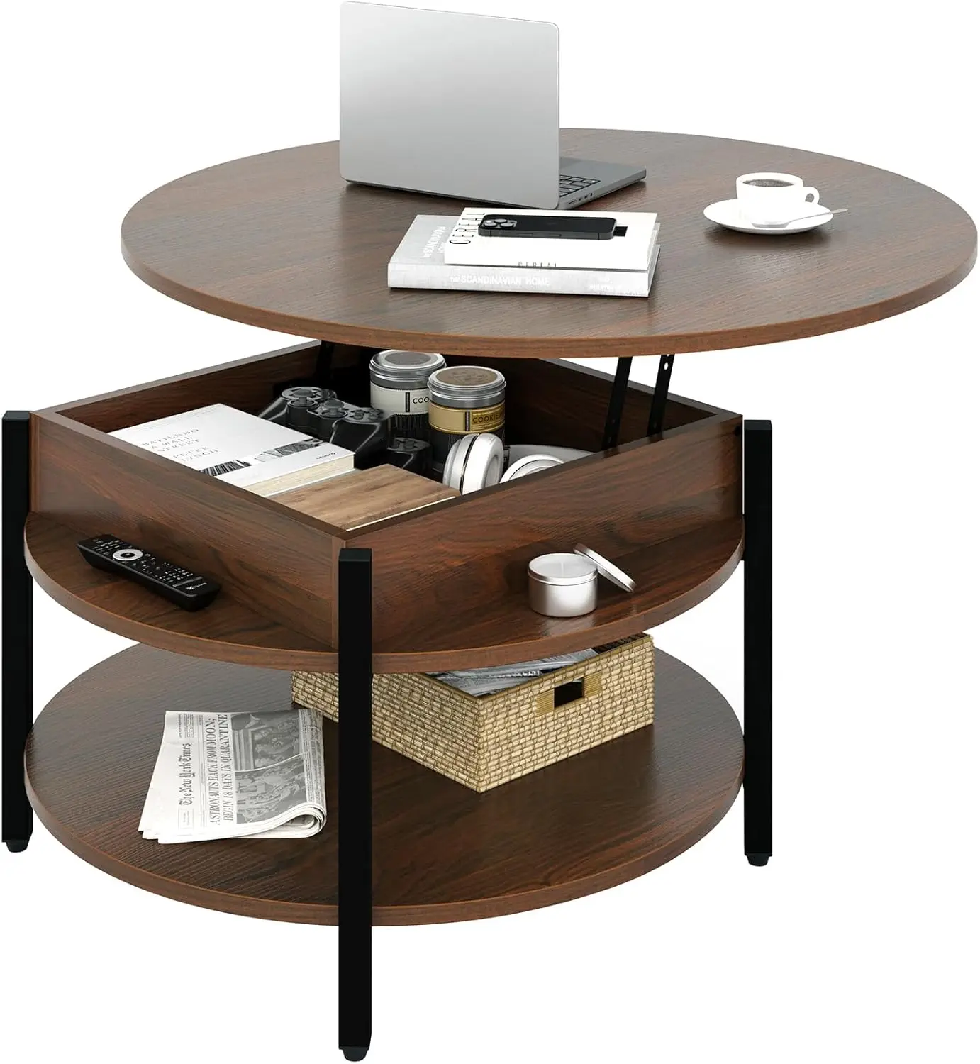 Table with Storage and Hidden Compartment, 2 Tier Large Farmhouse Coffee Table Round Dining Table, Espresso