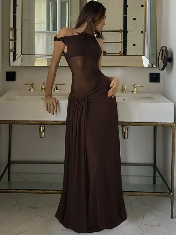 ไหล่เอียงBacklessเซ็กซี่Maxiชุดผู้หญิงชุดแฟชั่นแขนกุดดูผ่านDrapedคลับชุดยาวElegant