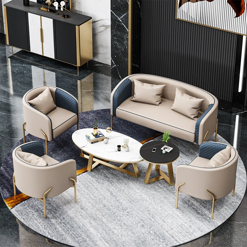 Modern Luxury Leather Sofa & Table Set Stylish Metal Furniture For Hotel Lobby Living Room Office Waiting Area Or Cafe