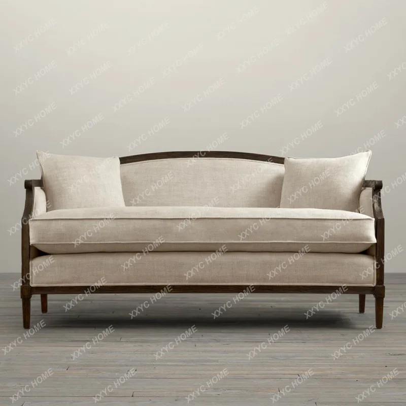 

Диван из массива дерева в винтажном стиле, антикварный белый диван, диван из льняной ткани, для гостиной, трехместный, съемный и моющийся.