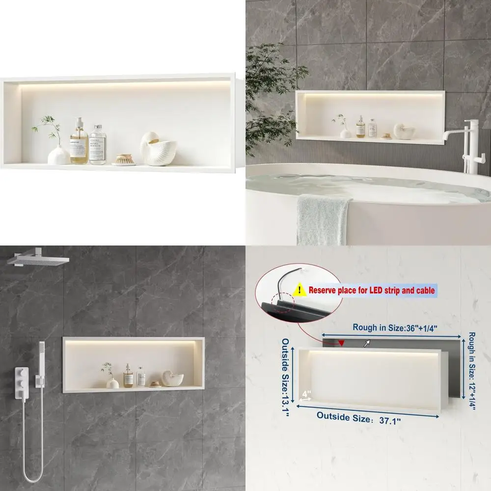 

Stainless Steel LED Shower Niche, 36x12 Inch White Wall Recessed Niche, No Tile Required for Shower and Bath Walls