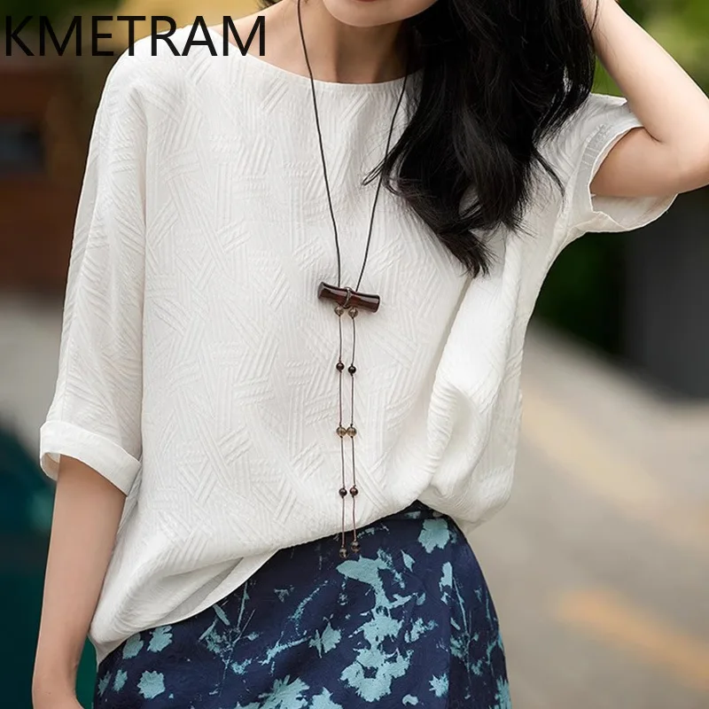 KMETRAM 100% Natural Mulberry Silk Women T Shirts White Jacquard Summer Tops Elegant O-Neck Loose T Shirt 2026 Woman Clothes топ