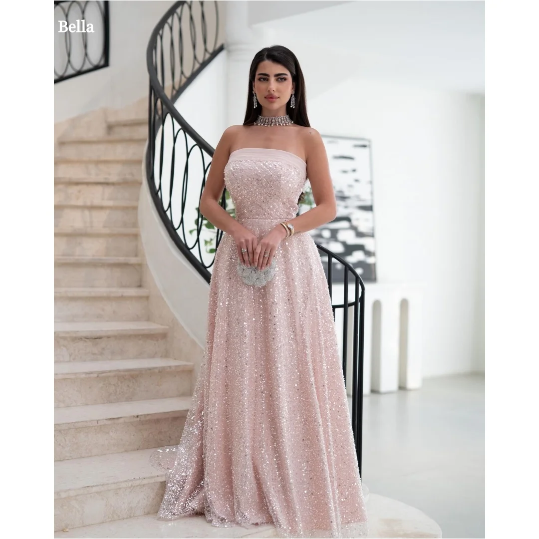 

Bella Customized Pink Sequins Strapless Backless robes de soirée Sleeveless A-line Party Dresses Floor-Length Prom Dress 2025