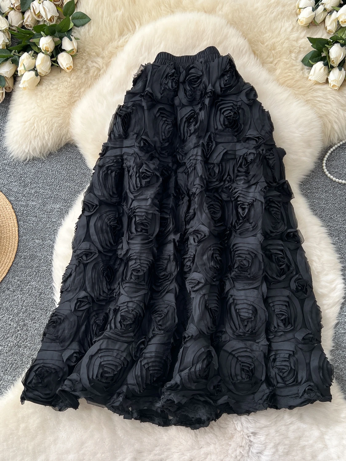 

Summer High Waist A-Line Skirt Women's Faion Bouffant Umbrella Skirt Slimming 3D Flower Print Commute Korean Sle f-length