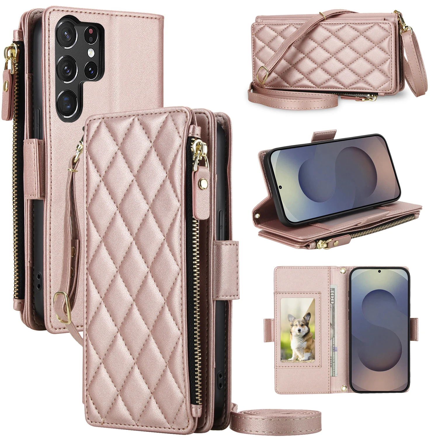 Crossbody Reißverschluss-Kartenfach Brieftasche Flip Leder Handyhülle für Samsung S26 Ultra S25 S24 Plus S23 S22 A17 A57 A37 Tasche Cover
