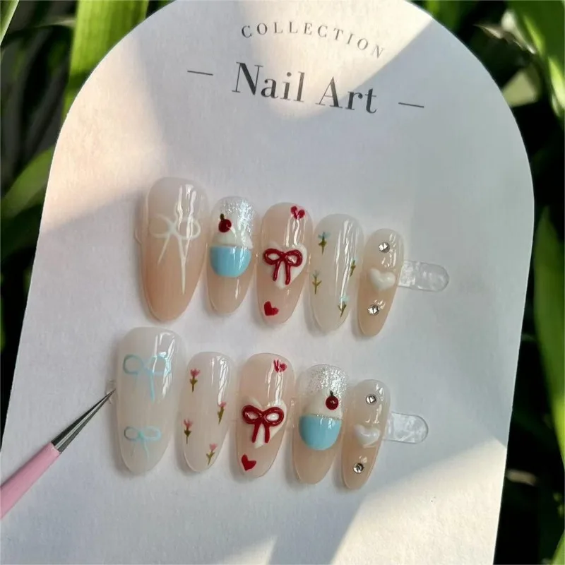 10 Stück handgemachte Press on Nails Sommer Mandel Stick-on Nails süße Kuchen Schleife falsche Nägel mit Design koreanischer Nagel Kostenloser Versand