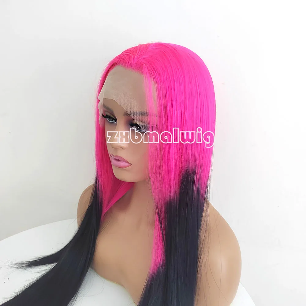 Wig rambut sintetis Ombre merah muda ke hitam renda depan Wig lurus berwarna tanpa lem 13x4 Wig Frontal renda transparan