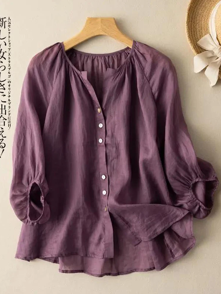 Lantern sleeve cotton and linen shirt women's 2022 spring and summer new fashion large size literary retro V-neck casual top