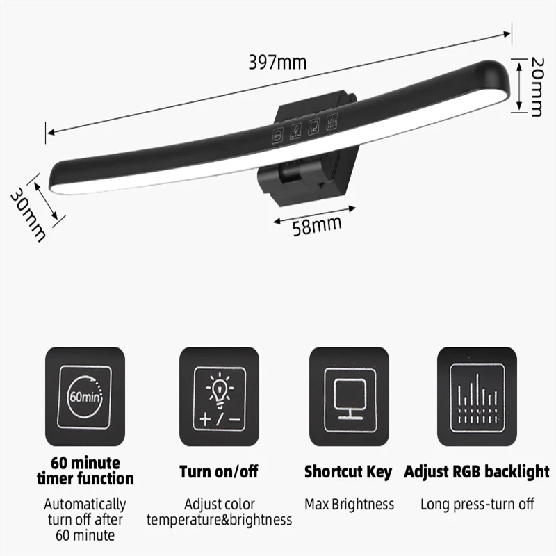 Curvo LED Monitor Light Bar, RGB Computer Screen Lamp, Escurecimento Stepless, Backlight Hanging, Laptops Gaming, Gamer Iluminação do escritório