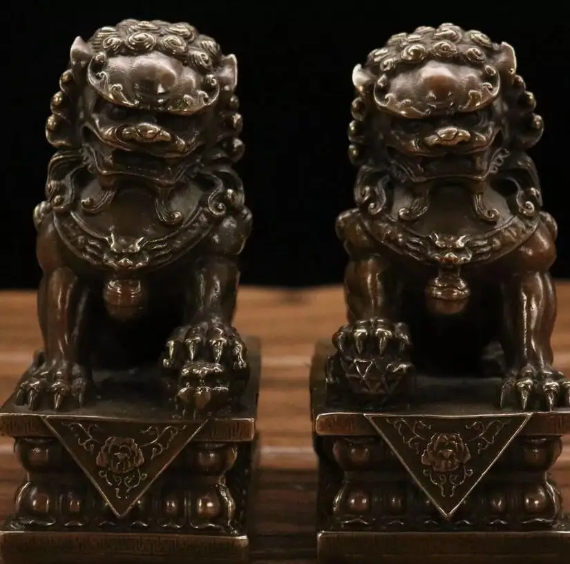 

Antique Fengshui Bronze Guardian Fu Foo Dogs Lion Door Leo Statue Lions Pair