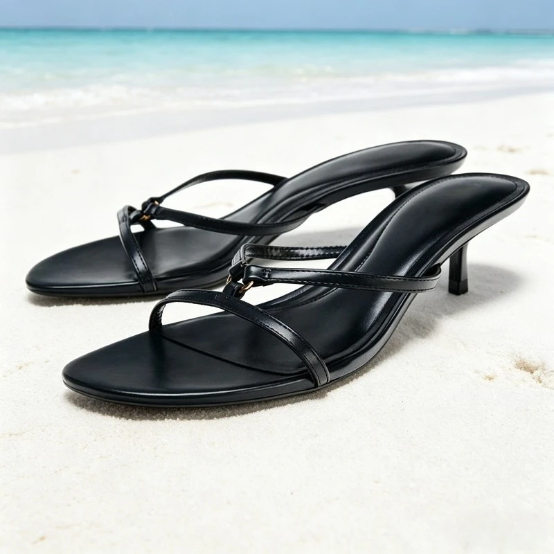 

Элегантные женские шлепанцы с металлической пряжкой, сексуальные открытые сандалии на низком каблуке, летние черные люксовые вьетнамки для женщин