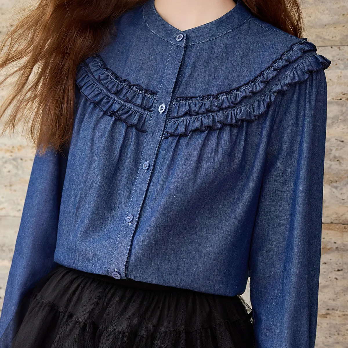 LOUIS YAO Double-layer Ruffled Women's Blouses 2025 Autumn Cotton 100% Women Shirts Stand-up Collar Long-sleeved Shirt