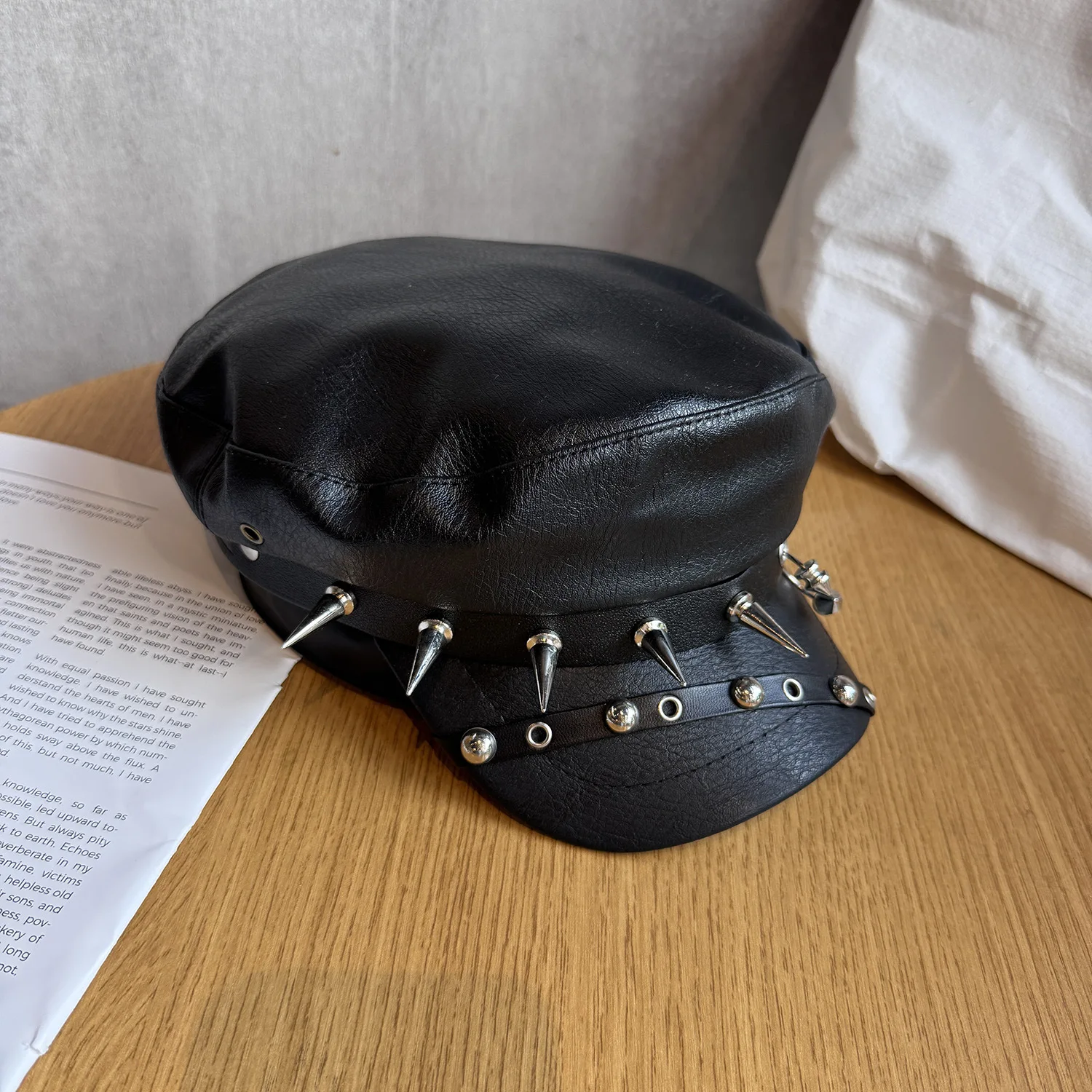 Anime Cosplay Black PU Hat Rivets Decorated Trendy Role-playing Street Style Casual Leather Hat 3