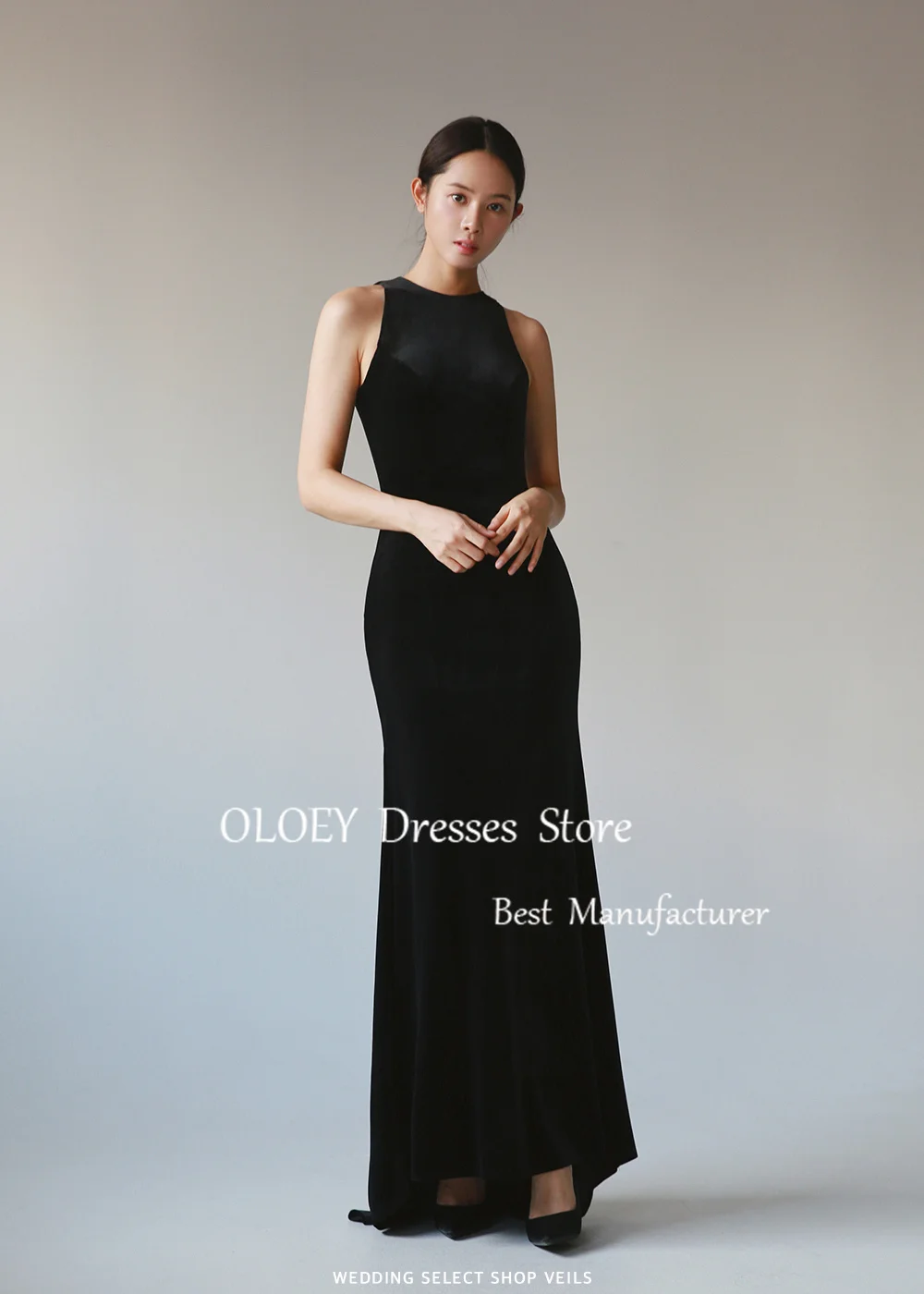 OLOEY Black Mermaid Long Prom Dress Korea Wedding Photoshoot O Neck Sleeveless Velour Party Dress Zipper Back Customized