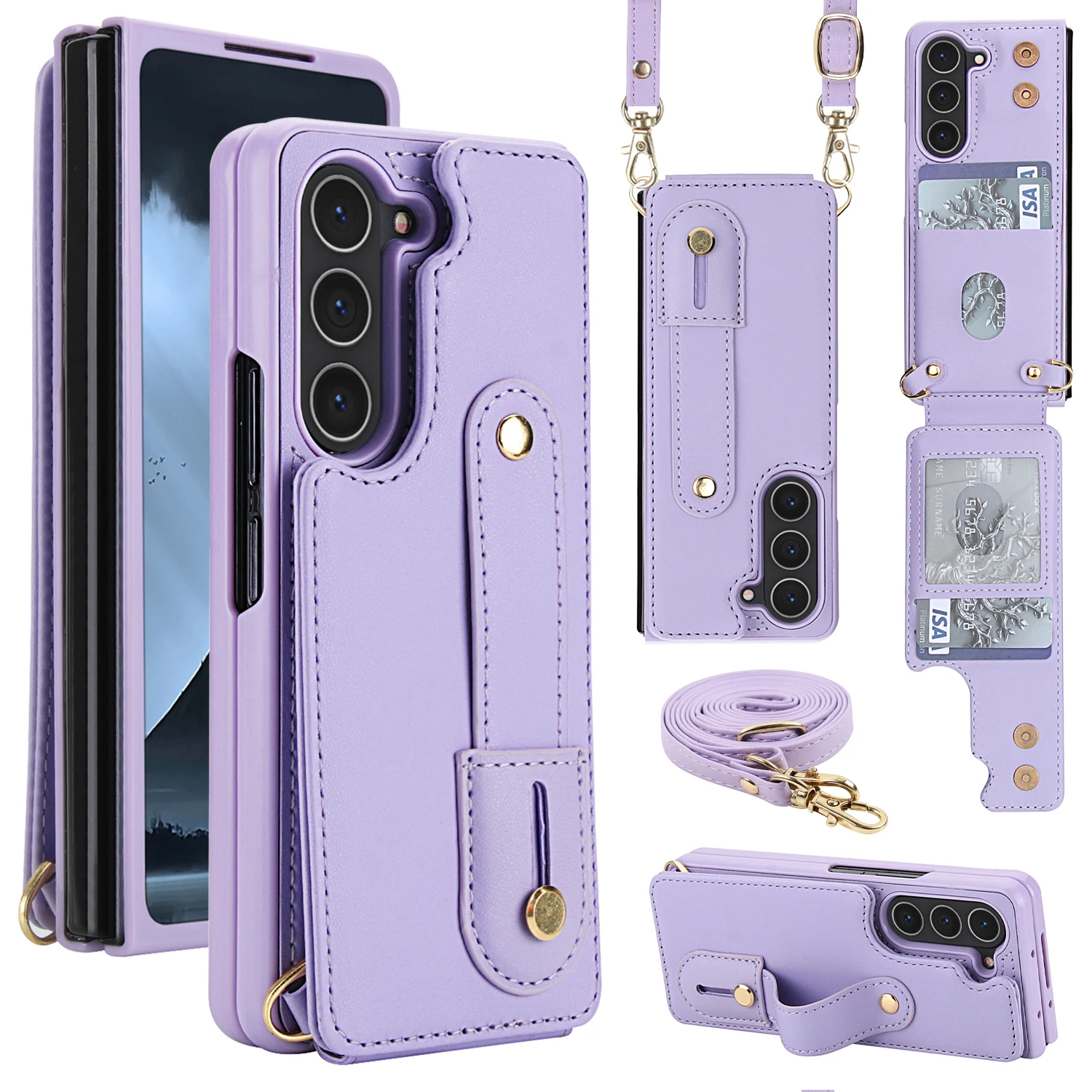 

Кожаный чехол-кошелек с браслетом через плечо для Samsung Galaxy Z Fold 7, 6, 5, 4, 5G, двойная магнитная кнопка, слот для карт, дизайн запястья