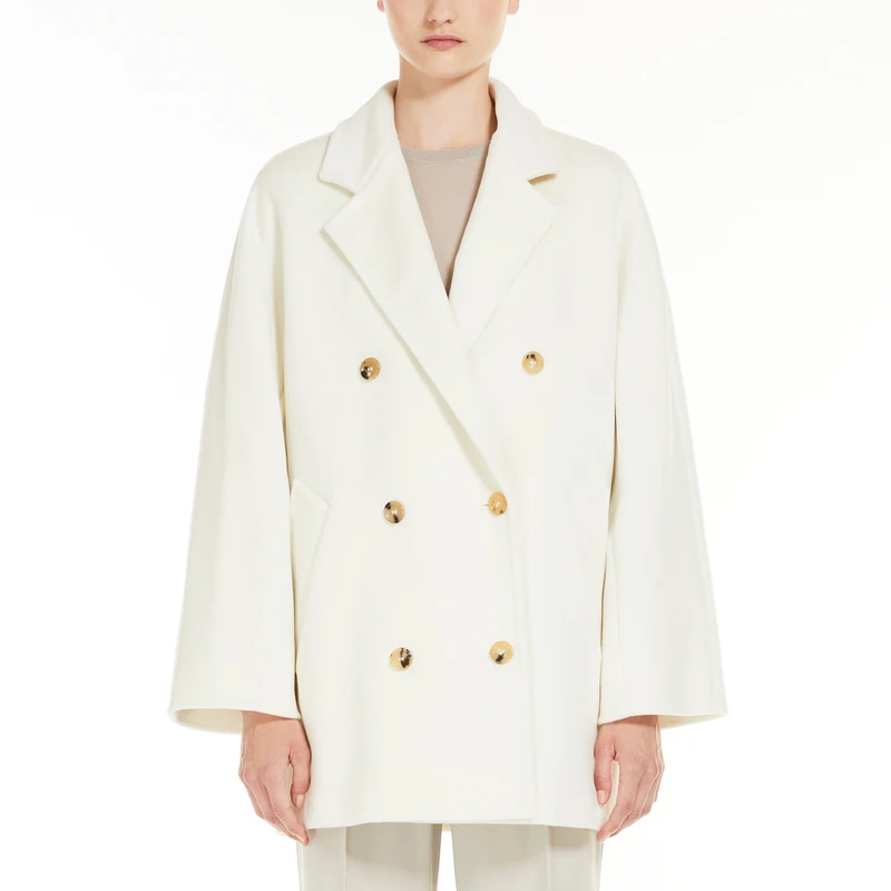 Klassieke witte korte wollen damesjas met dubbele rij knopen, op maat gemaakte kasjmiermix, hoogwaardige winterwarmte, losse en eenvoudige jas