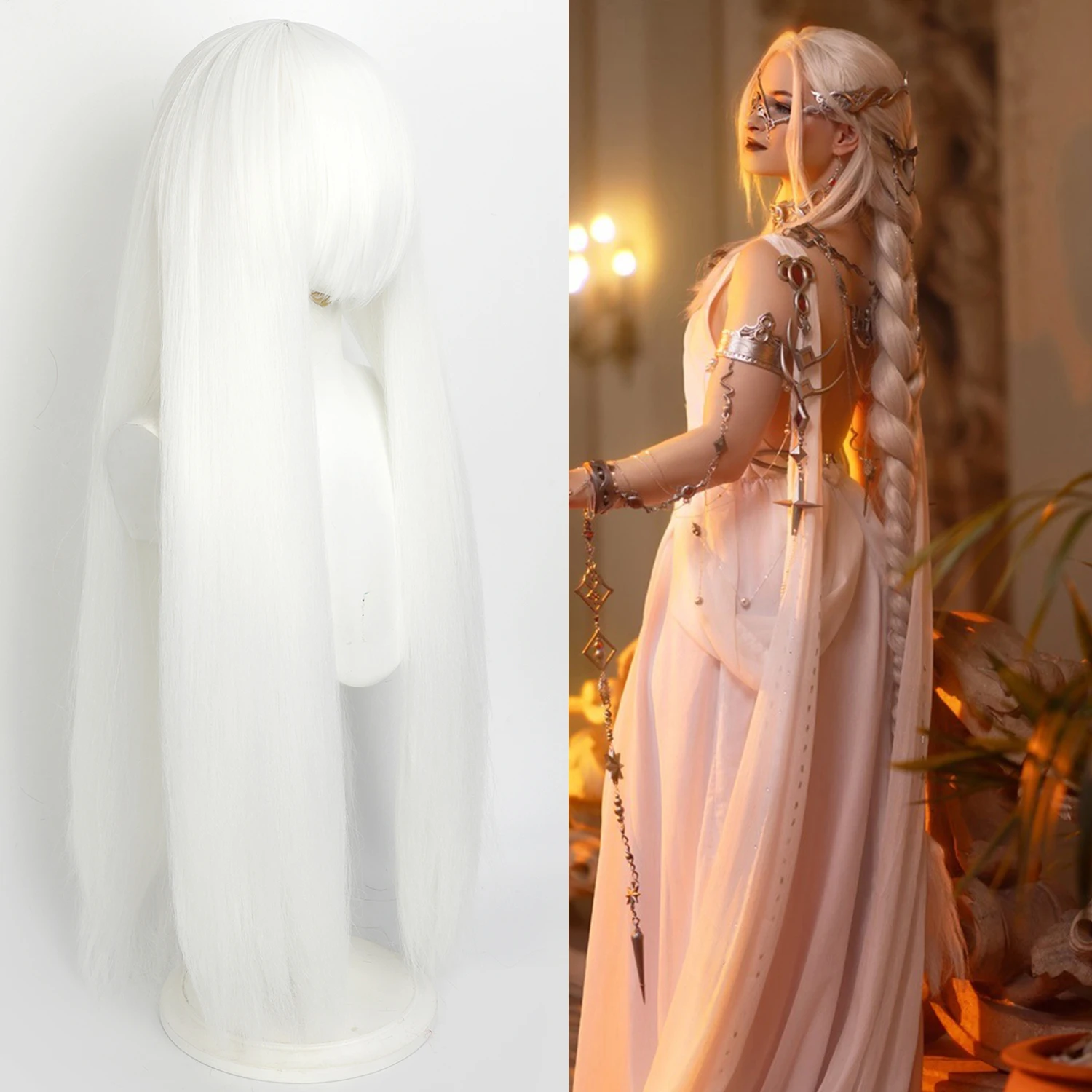 Cosplay Wigs Unisex Anime Wig 100 CM/38 Inch Long Universal White Fluffy and Full Synthetic Wig + Cap，Cos Infinity Nikki Ena
