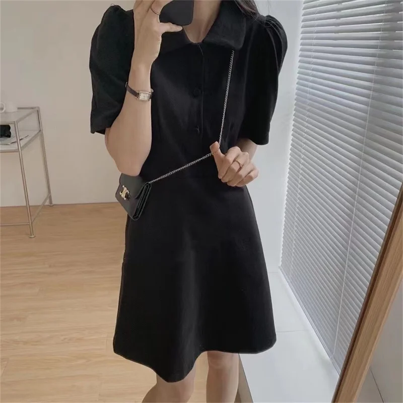 Summer Sweet Grace Short Sleeve Turn-down Collar Casual Grey Mini Dresses for Women Chic Korean Style Female Simple Wild Dress