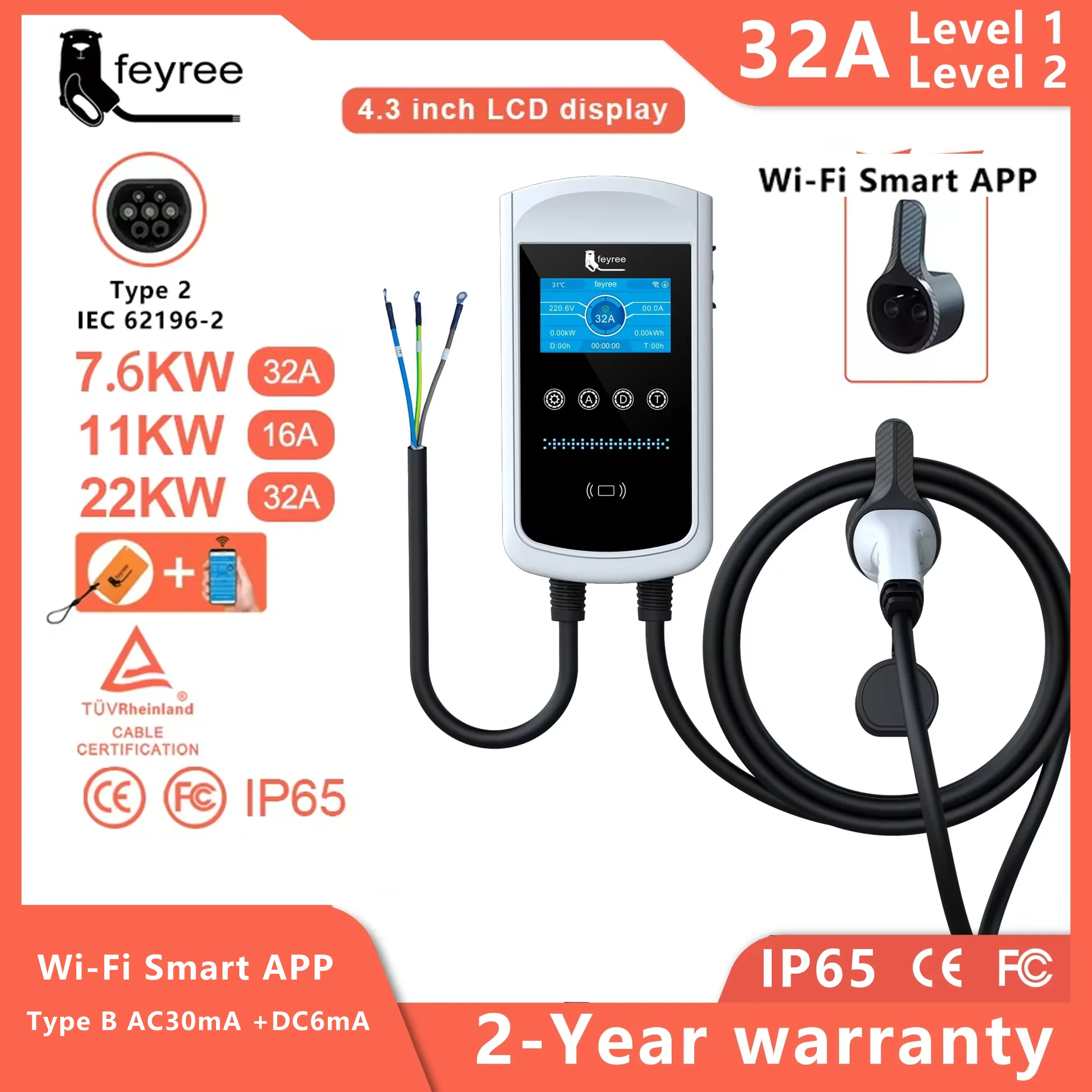 feyree Type2 EV Charger 32A 7.6KW Charging Station Car Charger 11KW 22KW 3Phase EVSE Wallbox 4.3inch Screen Smart APP Control