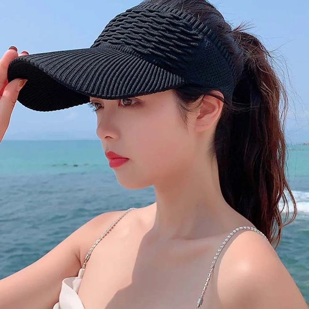 Portable Fish Scale Knitted Visor Cap Breathable Polyester Long Brim Sun Cap Solid Color Versatile Sunscreen Empty Top Hat Sport