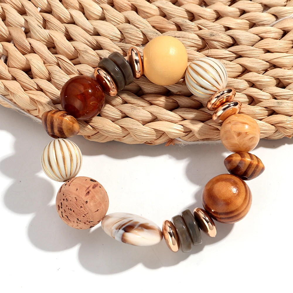 

Boho Mix Geometric Beaded Acrylic Wooden Elastic Bracelets for Women Men Trendy Round Beads Bangle Stackable Retro Jewelry Gift