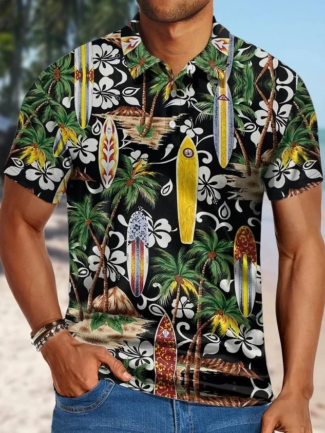 

Men's Hawaiian Resort Style Coconut Tree Print Polo Collar Regular Fit Casual Polo Shirt