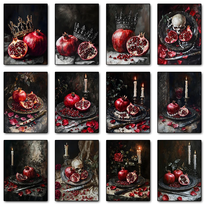 Dark Pomegranate Still Life Romantic Baroque Style Posters Canvas Printing Wall Art Picture for Gothic Kitchen Home Decor Gifts